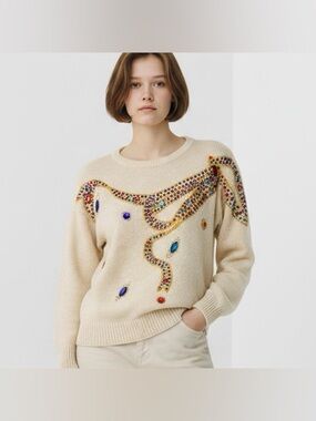 Vtg Laura Winston Jeweled Pullover Sweater Size Lg Silk Angora Rabbit Lambswool